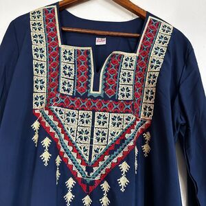 Selma Tunic Dress L Blue Embroidered Aztec Slit Oriental Clothes made in Egypt